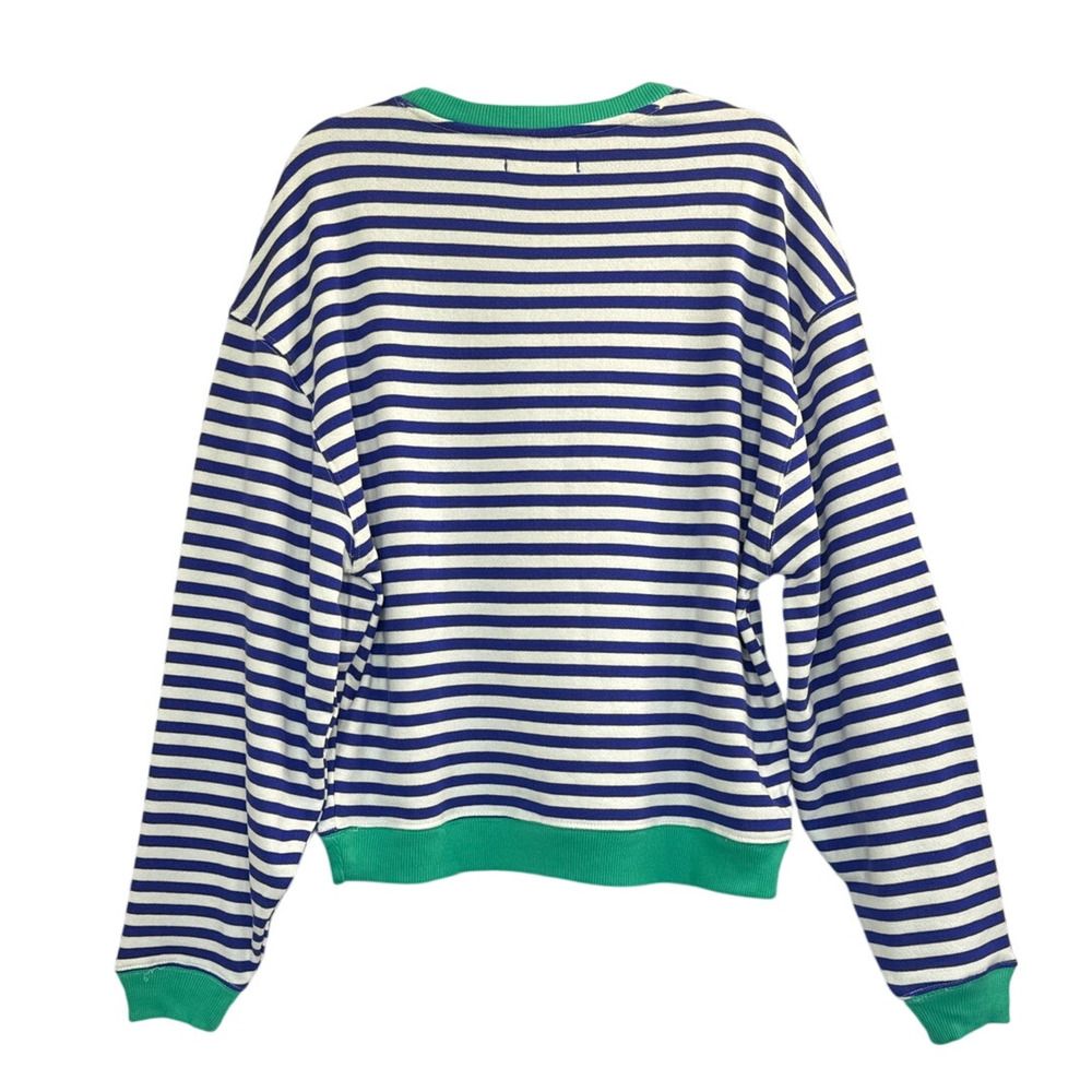 Free People Classic Stripe Oversized Crewneck Blue Green Combo Sz M Cozy Boho - Picture 6 of 8